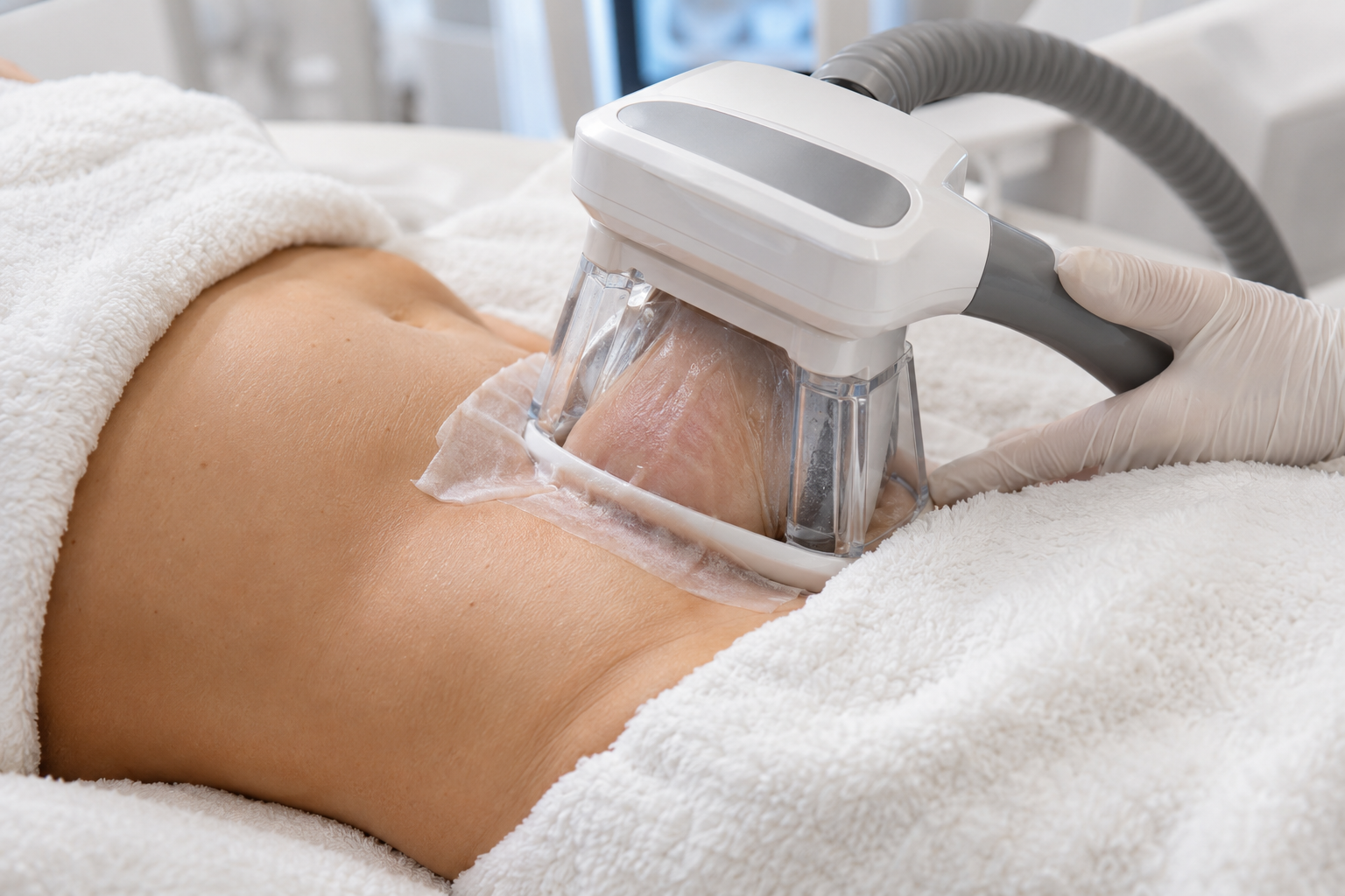 Cryolipolysis applicator on the abdomen