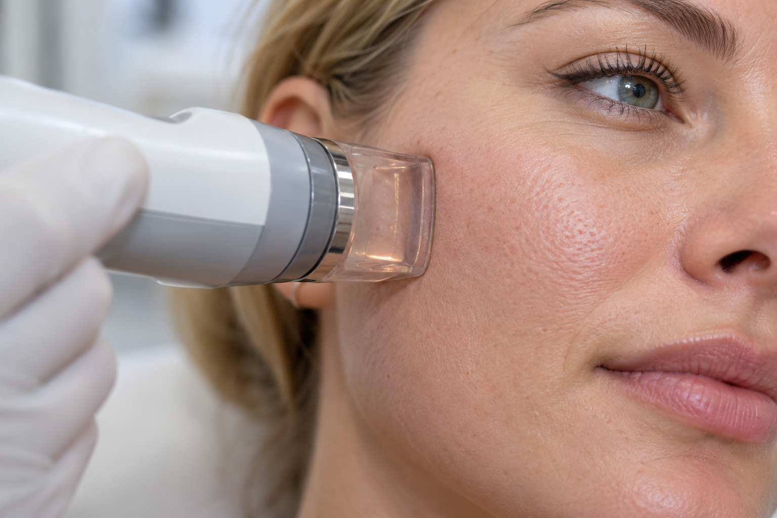 Laser handpiece beside cheek redness